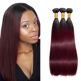 BilltiiWW Color 1B99j Straight Bundles Human Hair #1B Mixed With 99j Straight Human Hair Bundles two tone Brazilian Human Hair Extensions Soft and Silky for Women 12 14 16 Inch