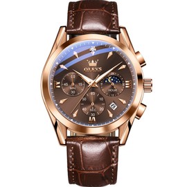 OLEVS Brown Watches for Men Classic Multifunction Chronograph Mens Watches Moon Phase Luminous Waterproof Dress Men's Wrist Watch Luxury Analog Quartz Date Relojes para Hombres
