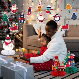 84PCS Christmas Party Honeycomb Centerpieces Stickers Hanging Foil Swirl Decorations Set 3D Double Side Christmas Party Table Topper Decoration Holiday Centerpieces for Christmas Party Supplies Decor