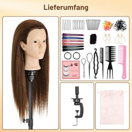 TwoWin Hairdressing Head Real Hair with Ear Holes 60 cm (24 Inches) Hairdressing Head Training Head 80% Real Hair, Training Head for Hairdressers for Styling & Hairdressing Practice with DIY
