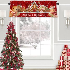 Christmas Kitchen Curtain Valances Red Merry Christmas Gingerbread Man Window Valances with Rod Pocket Short Curtains Decoration for Bedroom/Bathroom/Kitchen/Living Room, 1 Panel, 52x18inch