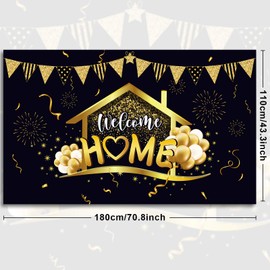 Tatuo Welcome Home Backdrop Homecoming Party Decorations Supplies Welcome Back Banner Return Home Photography Background for Family Party Decoration Photo Booth Black Gold, 70.8 x 43.3 Inch