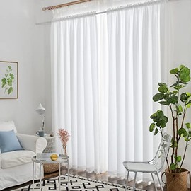 Melodieux White Semi Sheer Curtains 108 Inches Long for Living Room Bedroom, Extra Long Linen Look Rustic Rod Pocket Voile Drapes, 52 by 108 Inch (2 Panels)