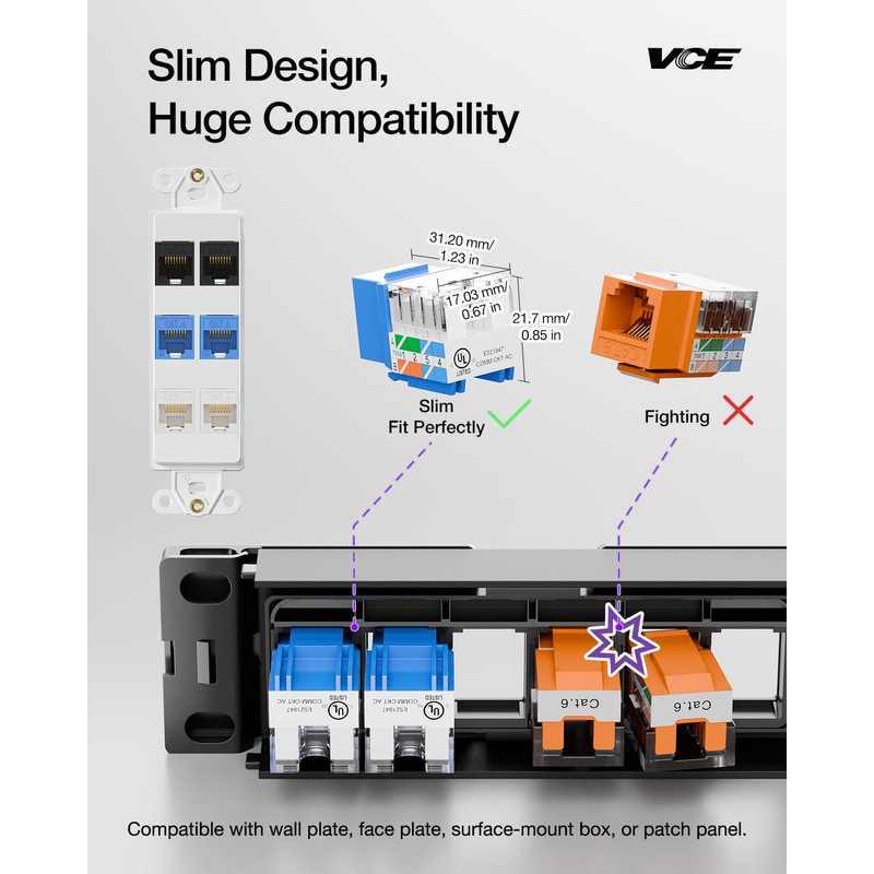 VCE 50 Pack Cat6 RJ45 Keystone Jack Insert UL-Listed, 90