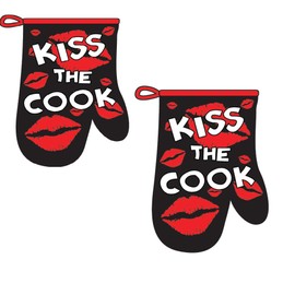 Funny 'Kiss The Cook' Oven Mitts for Couples, Hilarious Gifts for Wedding, Anniversary, Mother's Day, Valentine's Day, Birthday - Cute Newlyweds Oven Mitt, Unique Cotton Kitchen Gloves (2 Pack)