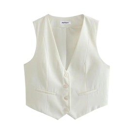 Pofihavi Cropped Suit Vest for Women 2024 Button Up Business Casual Dressy Waistcoat Vest Tops (Small,White)