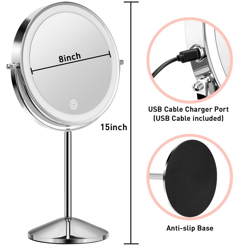 KuMers Lighted Makeup Mirror with Magnification, 10X 8’’Rechargeable Double Sided
