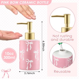 Reallnaive Pink Bow Soap Dispenser Cute Coquette Hand Soap Dispenser with Pump Rust Proof Refillable Ceramic Lotion Bottle Preppy Accessories for Bathroom Kitchen Decor