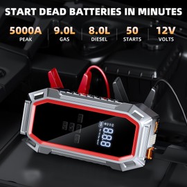 Jump Starter with Air Compressor, 5000A Peak Car Battery Jump Starter(9.0 Gas/8.0L Diesel), 160PSI 12V Jump Box Car Battery Jumper Starter Portable with Jumper Cables, LED Lights, LCD Display