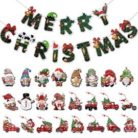 DKDDSSS 49 Pieces Christmas Wooden Ornaments, Christmas Decorations, Christmas Gnomes Pendant, Merry Christmas Bunting Banner, with Ropes, for Christmas Tree Decorations