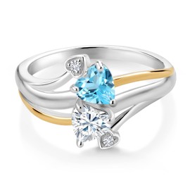 Gem Stone King 925 Silver and 10K Yellow Gold 2 Heart Promise Couple Engagement Mother Lab Grown Diamond Ring Topaz Moissanite Near Colorless (GH) (1.07 Cttw) (Size 5)