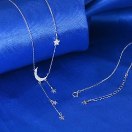 CPSLOVE Elegant Women's Sterling Silver Moon Stars Zirconia Necklace 925 Silver Girls Y Chains with Pendant Creative Sparkling Diamond Long Chains, Cubic Zirconia