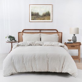 S VICTORY SYMBOL 100% Organic Linen Duvet Cover Set,Yarn Dyed Classic Beige Stripe French Natural Flax Bedding Set Queen Size,3pcs Farmhouse Comforter Cover Set