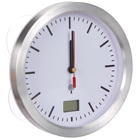 TFA Dostmann Analogue Radio Bathroom Clock, 60.3539.02, Moisture-Proof, Digital Indoor Temperature Display, 4 Suction Cups, No Drilling, Ideal for the Bathroom/Kitchen, with Aluminium Frame, Silver