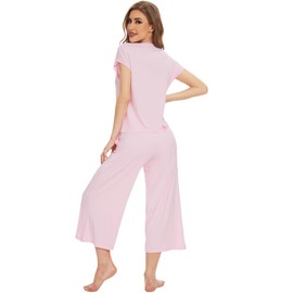 WiWi Viscose from Bamboo Pajamas Set for Women Soft Short Sleeve Top with Capri Pants Sleepwear Summer S-XXL, Pink, X-Large