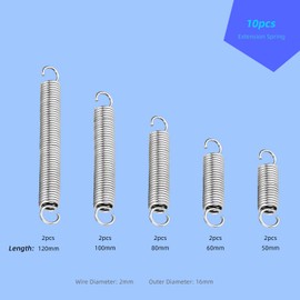 10pcs Extension Spring Assortment Kit, Length 5cm 6cm 8cm 10cm 12cm, Wire Diameter 2mm, Outside Diameter 16mm, Stainless Steel Mechanical Strong Extension Springs with Hook for DIY Replacement, 12kg