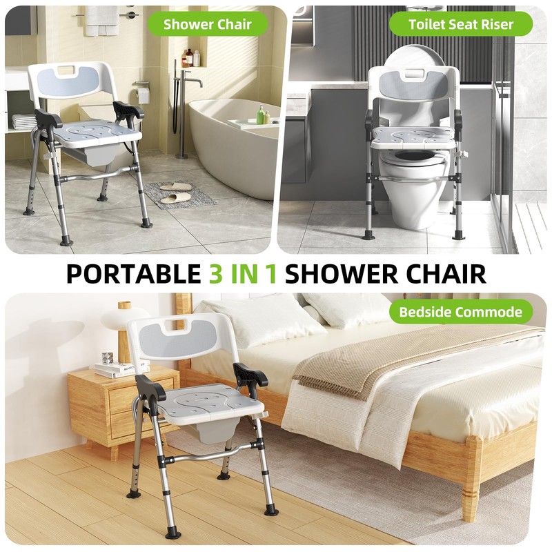 3-in-1 Shower Chair for Seniors, Foldable Bedside Commode, Height Adjustable