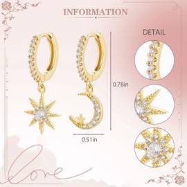 Moon Star Dangle Small Hoop Earrings Sterling Silver Round CZ Drop Dangling Earrings for Women Girls Gifts (Gold)