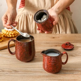 Hasense Ceramic Sugar and Creamer Set, 11 Ounce Sugar Bowl with Lid and Spoon, 10 Ounce Cream Pitcher, Red Coffee Serving Set for Gift, Dishwasher & Microwave Safe