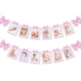 BOXOB Newborn to 12 Months Decorations, with 4pcs Pink Bow Milestone Banner with 40pcs Dot Glues First 1st Year Photo Display Monthly Picture Banner Birthday for Boys Girls Baby Shower