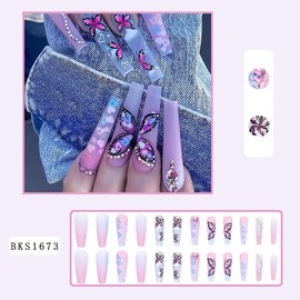 Vezocim Butterfly Press on Nails Square Shapes, 24Pcs Long Artificial Fake Nails with Rhinestone Designs, Full Cover Purple Acrylic False Nails with Glue, Stick on Fingernails for Women(B1673)