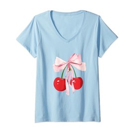 Womens Coquette Bows with cherries Cute Coquette girl clothes V-Neck T-Shirt