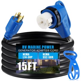 Kanayu 15FT NEMA L14-30P to SS2-50R RV Marine Power Generator Adapter Cord, 30A 4 Prong Locking Generator L14-30P Male to 50A Marine Shore Power 90 Degree Right Angle SS2-50R Female, ETL Listed