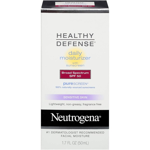 Neutrogena Healthy Defense Daily Moisturizer for Sensitive Skin with SPF 50, Mineral Sunscreen with Zinc Dioxide & Titanium Dioxide, Oil-Free & Fragrance-Free, 1.7 fl. oz (Pack of 2)