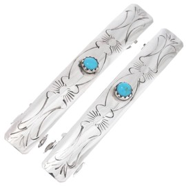 Navajo Sleeping Beauty Turquoise Hammered Silver Hair Barrettes Sterling Set of Two on Silver Spring Clips 0617