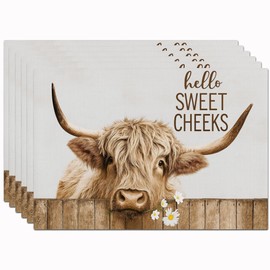 Farmhouse Highland Cow Placemats Set of 6 Farm Animal Table Mats Non-Slip Washable Place Mats for Party Kitchen Dining Room Decoration 12x18 Inch