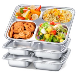 3Pcs Stainless Steel Snack Containers with Lids, 4 Compartment Food Storage Containers, Reusable Snack Boxes, Adults & Kids Meal Prep Containers