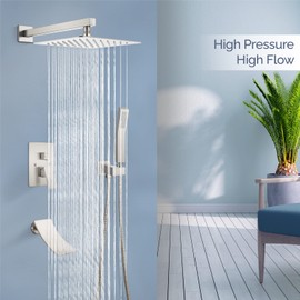 Airuida Brushed Nickel Bathtub Rain Shower System Set 3 Function Mixer Shower Faucet with Waterfall Tub Spout 10 Inch Wall Mount Rainfall Showerhead Handheld Combo Set Rough-in Valve Included