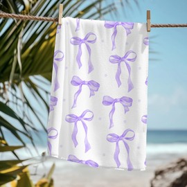 KSDUT Coquette Preppy Purple Bow Beach Towel - Aesthetic Girly Preppy Ribbon Pool Towels Microfiber Absorb Water Travel Towels 60x30 Inches for Bathroom Kitchen Gym Yoga, Gifts for Girls Lady