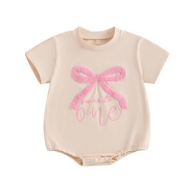 MOLZULAMS Baby 1st Birthday Girl Outfit Sweet One Bow Embroidery Short Sleeve Bubble Romper First Bodysuit Summer Clothes (Khaki, 6-12 Months)