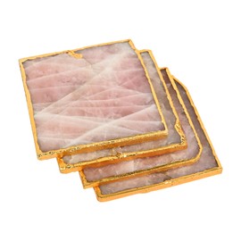 Kaya Crystals Products Rose Quartz Decor Coaster, Natural Pink Crystal Coasters Gold Edge Set of 4 (Square 3.5''-4)