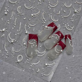 French Nail Art Stickers White Pearl Nail Stickers for Nail Art 5D Embossed Nail Decals French Tips Design Manicure Supplies for Women