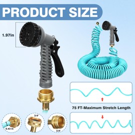 HEYTIMI 75 FT 3/8" Lightweight Coiled Garden Hose EVA Flexible with 7 Function Nozzles and Brass Connectors for Garden Watering Plants Greenhouses Patios Lake Blue