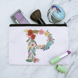 Letter P Floral Monogram Initial Makeup Cosmetic Bag Organizer Pouch