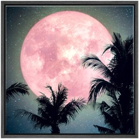 Color-Banner Framed Canvas Print Wall Art Pink Moon Glows Behind Palm Trees Astronomy & Space Wilderness Digital Art Modern Art Rustic Colorful for Living Room, Bedroom, Office - 16"x16" Black
