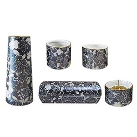 Pottery Modern Buddhist Tools 5-Piece Set "Yuihana" (Horizontal Barrel Type Incense Burner) Black Pearl (j1272-1-2)