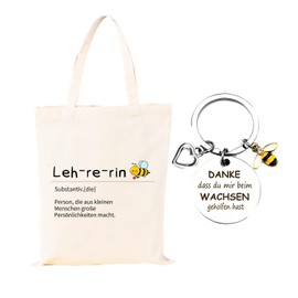 Teacher Gift, Shopping Bag 35 x 40 cm and a Bee Keyring - Danke Dass Du Mir Beim Wachsen Gehelfen Hast, Kleine Menschen brauchchen So Große Herzen wie Deins, Erzieherin Gift