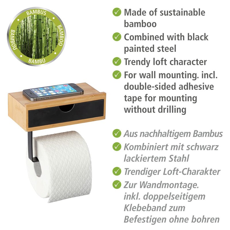 WENKO Bambusa Toilet Roll Holder with Practical Shelf Made of