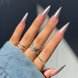ANDGING Silver Stiletto Press on Nails Long, Ombre Chrome Fake Nails for Women, Full Cover French Tip Nails Press on, Reusable Glue on Nails Stick on Nails for Valentines Mothers Day 24Pc+Glue