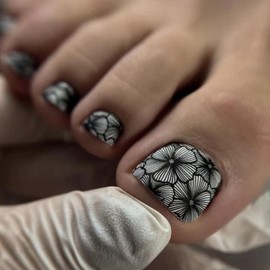 Flowers Press on Toes Nails Short Square Fake Toe Nails Matte White Black Flowers False Toe Nails Full Cover Acrylic Toe nail Press on Glossy Spring Summer Stick on Toenails for Women and Girls