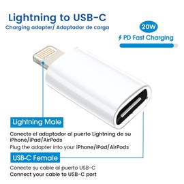 ICOVERI USB C to Light-Ning Adapter, PD 20W Fast Charge, USB C to Light-Ning to Male Female Adapter, Compatible Apple Series and Android