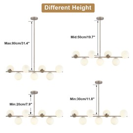 Flyrose Brushed Nickel Linear Kitchen Island Pendant Light Mid Century Modern 7-Lights Globe Chandelier Pendant Light Milk Glass Chandelier Silver Dining Room Light Fixture (Silver)
