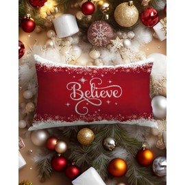 PreLiving Believe Christmas Pillow Cover 12x20 Inch, Red and White Winter Decorative Cushion Cover, Holiday Inspirational Throw Pillow Case for Christmas, Winter, and Home Decor