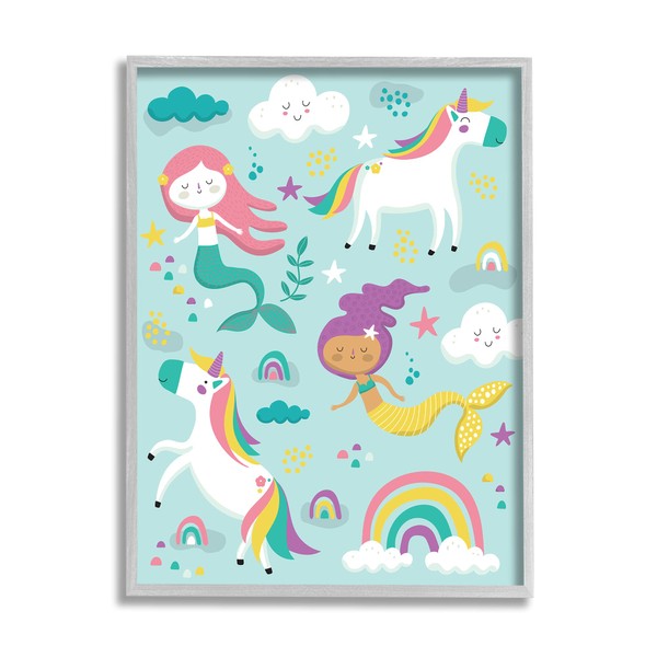 Stupell Industries Mermaid and Unicorn Rainbow Collage Kids' Fantasy Illustration,