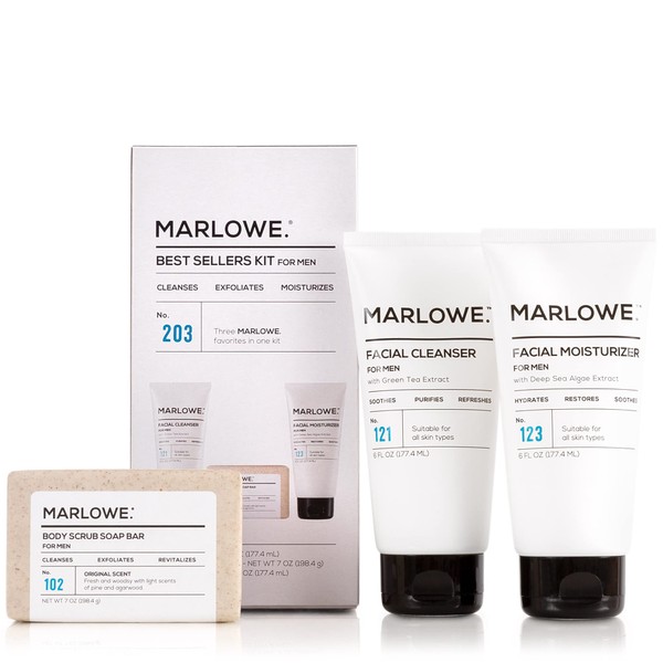 MARLOWE. Best Sellers Kit | No. 203 | Features Signature Body Scrub Soap Bar, Men's Facial Cleanser & Facial Moisturizer | Great Gift for Men