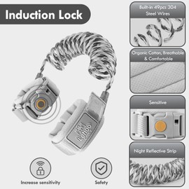 Lehoo Castle Toddler Leash Wrist, 4.9ft Kid Leash Wrist with Induction Lock, Anti Lost Wrist Link for Toddlers, Reflective Leash for Kids, Child Leashes for Toddlers (Grey)